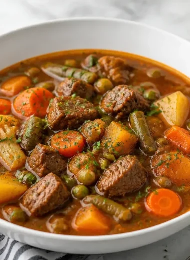 Delicious beef and vegetable stew in a bowl