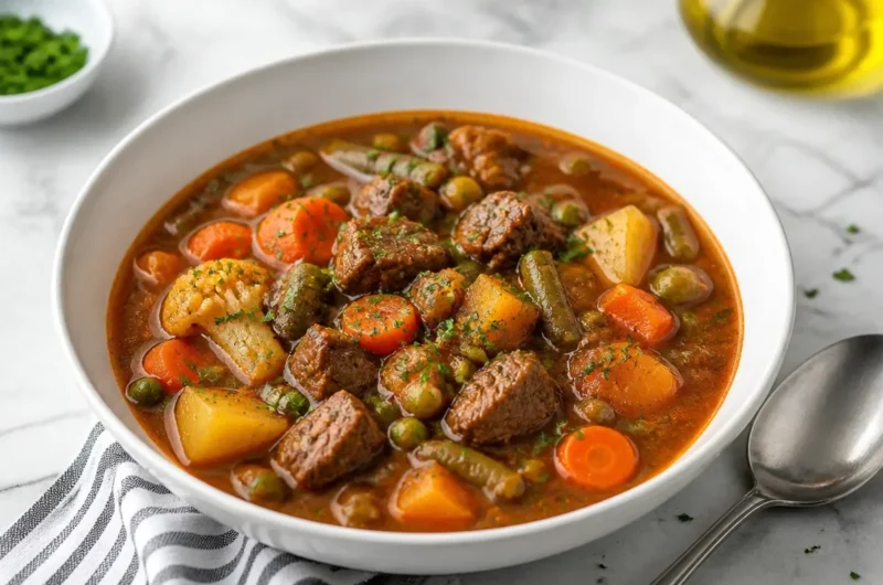 Delicious beef and vegetable stew in a bowl
