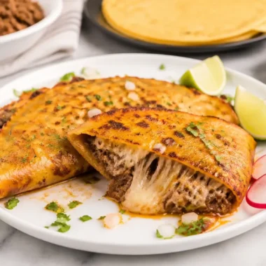 Delicious Birria Tacos (Queso Tacos) served with vibrant toppings and broth