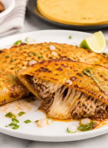 Delicious Birria Tacos (Queso Tacos) served with vibrant toppings and broth