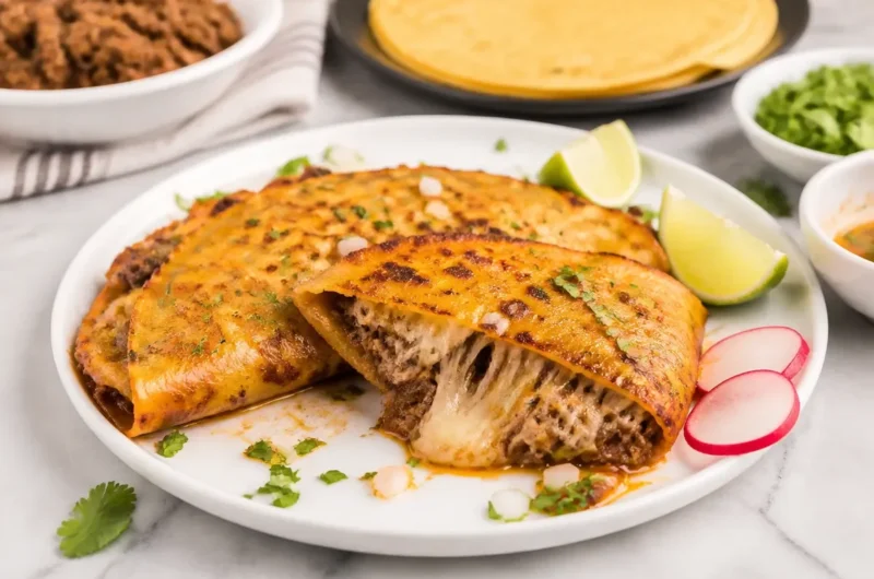 Delicious Birria Tacos (Queso Tacos) served with vibrant toppings and broth