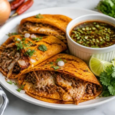 Delicious homemade Birria Tacos served with consomé and garnish.