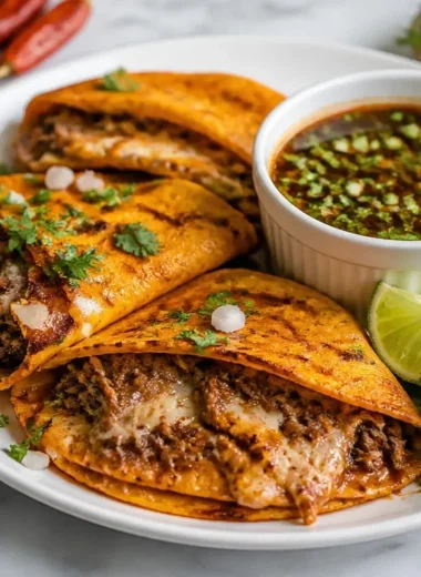 Delicious homemade Birria Tacos served with consomé and garnish.