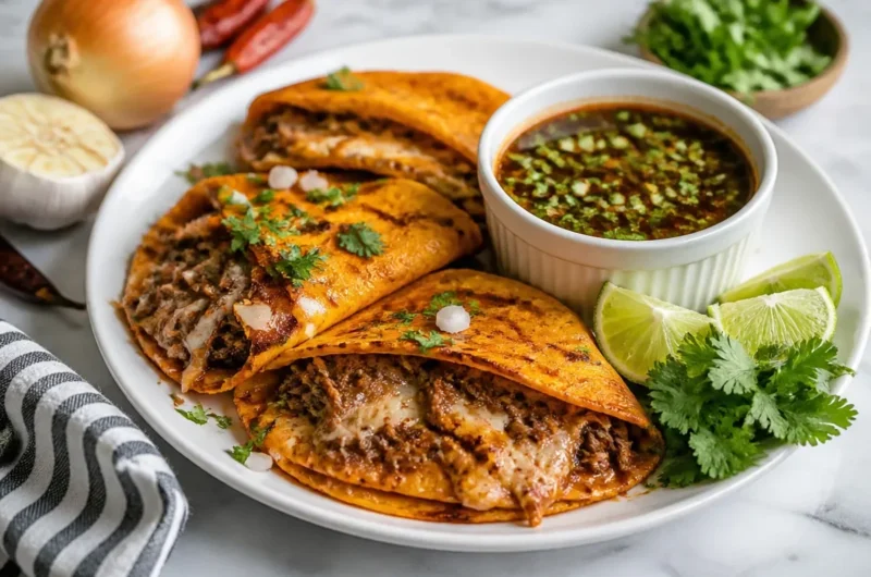 Delicious homemade Birria Tacos served with consomé and garnish.