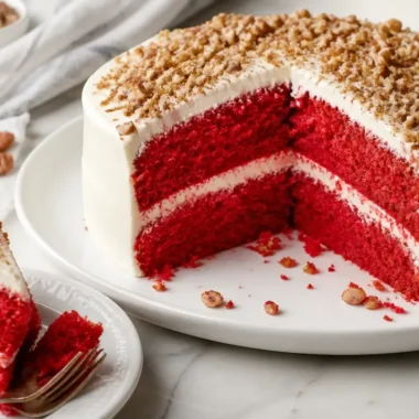 Slice of Cake Man Raven's rich and moist Red Velvet Cake with cream cheese frosting