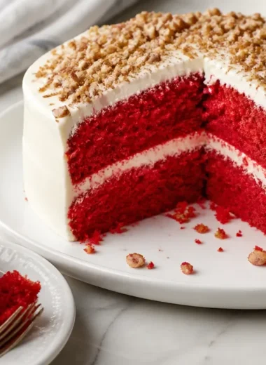 Slice of Cake Man Raven's rich and moist Red Velvet Cake with cream cheese frosting