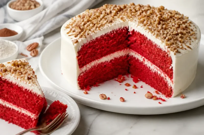 Slice of Cake Man Raven's rich and moist Red Velvet Cake with cream cheese frosting