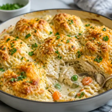 Gluten-free chicken pot pie with Cheddar Bay biscuits recipe served in a dish