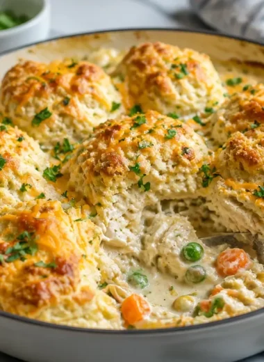 Gluten-free chicken pot pie with Cheddar Bay biscuits recipe served in a dish