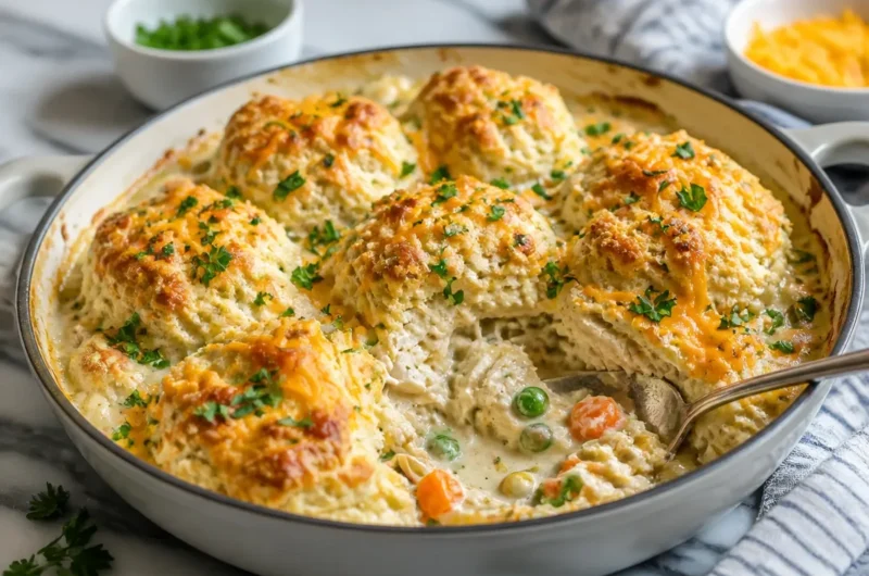 Gluten-free chicken pot pie with Cheddar Bay biscuits recipe served in a dish