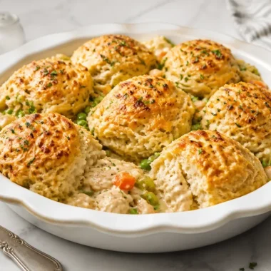 A plate of golden-brown chicken biscuits served with gravy.
