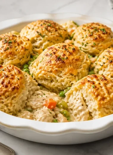 A plate of golden-brown chicken biscuits served with gravy.