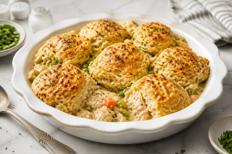 A plate of golden-brown chicken biscuits served with gravy.