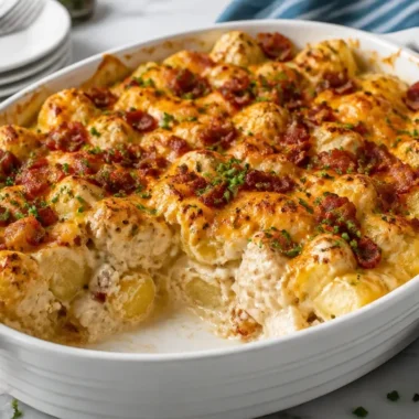 Creamy Chicken Bacon Ranch Casserole with Potatoes served in a baking dish