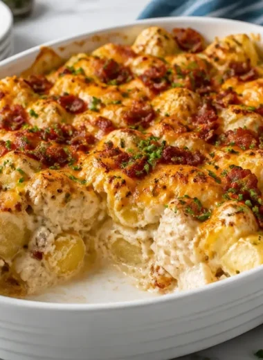 Creamy Chicken Bacon Ranch Casserole with Potatoes served in a baking dish