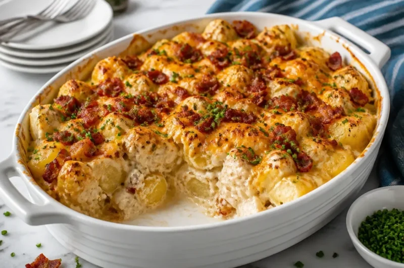 Creamy Chicken Bacon Ranch Casserole with Potatoes served in a baking dish