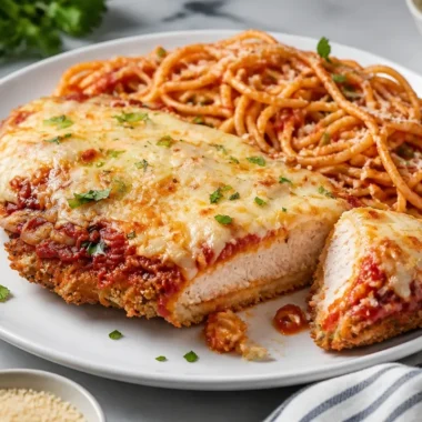 Delicious Chicken Parmesan served with pasta and fresh basil on a cozy table.
