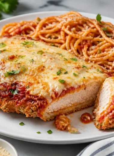Delicious Chicken Parmesan served with pasta and fresh basil on a cozy table.