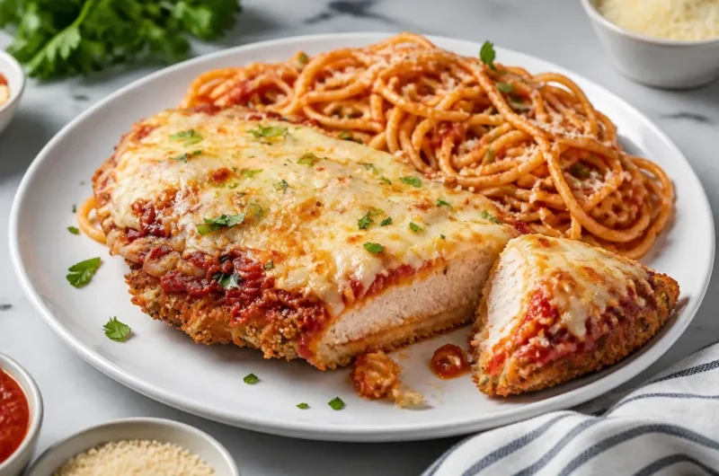 Delicious Chicken Parmesan served with pasta and fresh basil on a cozy table.