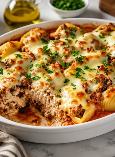 Delicious stuffed pasta shells with ground beef and marinara sauce on a plate