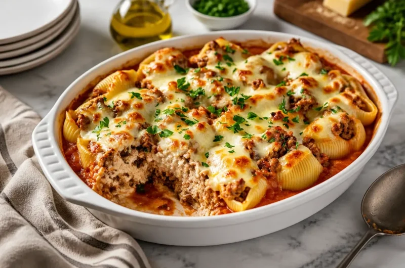 Delicious stuffed pasta shells with ground beef and marinara sauce on a plate