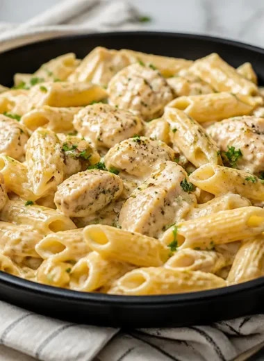Creamy garlic chicken pasta served in a bowl with herbs
