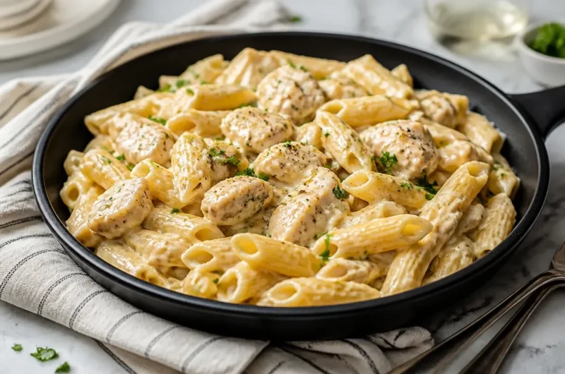 Creamy garlic chicken pasta served in a bowl with herbs