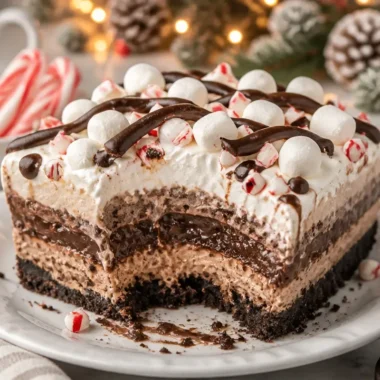 Delicious creamy hot chocolate lasagna dessert in a pan