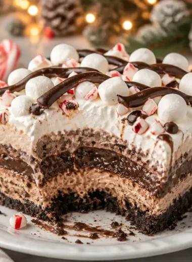 Delicious creamy hot chocolate lasagna dessert in a pan