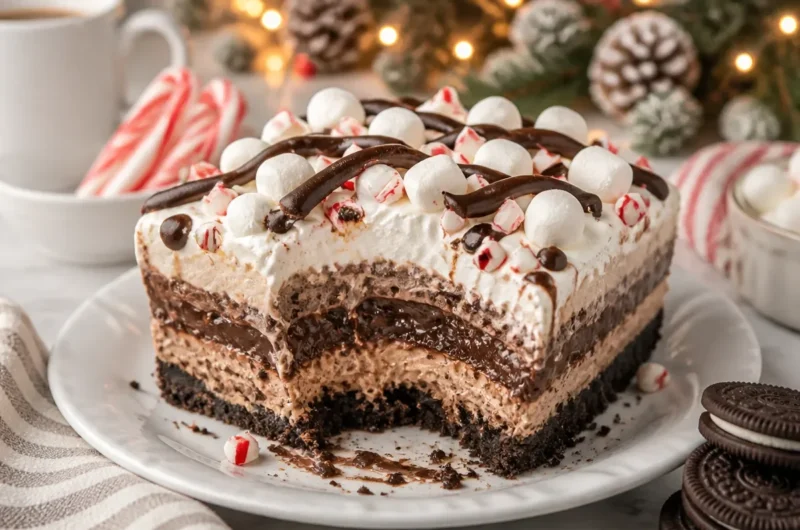 Delicious creamy hot chocolate lasagna dessert in a pan