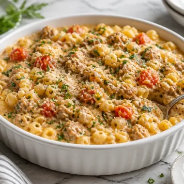 Creamy Parmesan Italian sausage ditalini soup in a bowl, garnished with parsley.