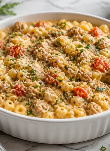 Creamy Parmesan Italian sausage ditalini soup in a bowl, garnished with parsley.