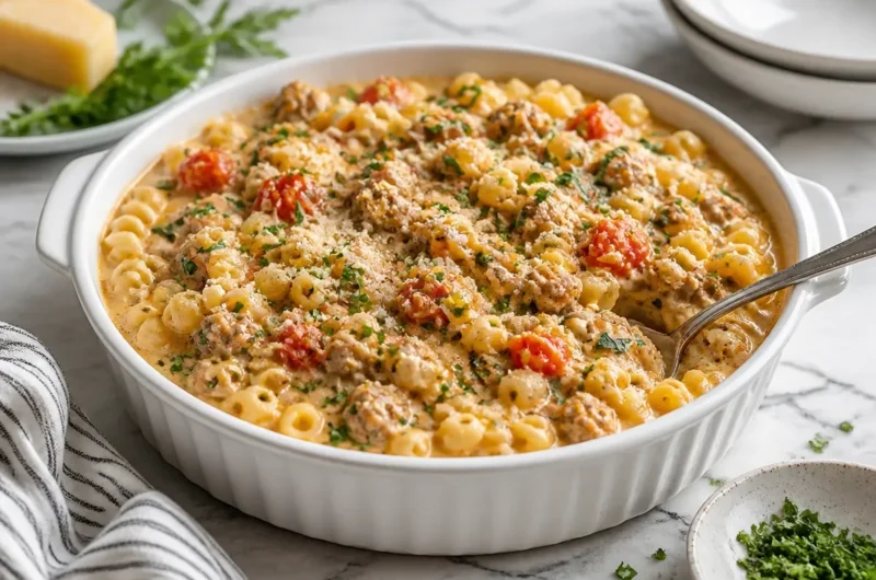 Creamy Parmesan Italian sausage ditalini soup in a bowl, garnished with parsley.