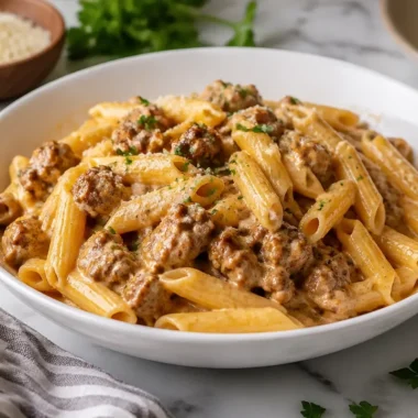 Creamy slow cooker beef pasta served in a bowl with herbs