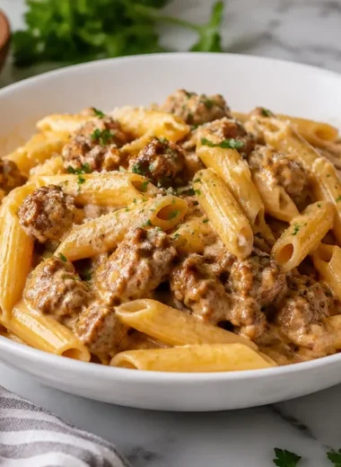 Creamy slow cooker beef pasta served in a bowl with herbs