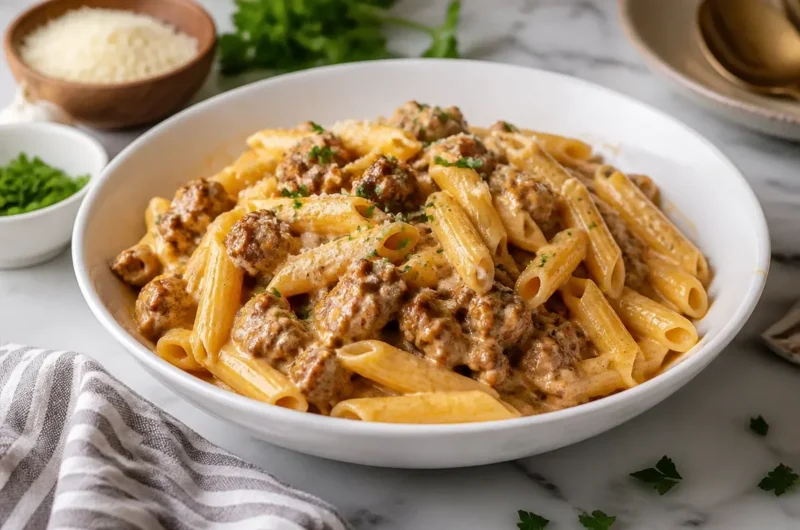 Creamy slow cooker beef pasta served in a bowl with herbs