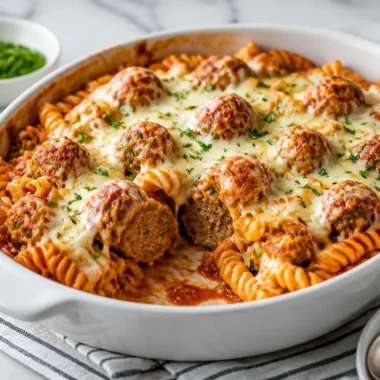 Delicious Dump and Bake Meatball Casserole with cheese and marinara.