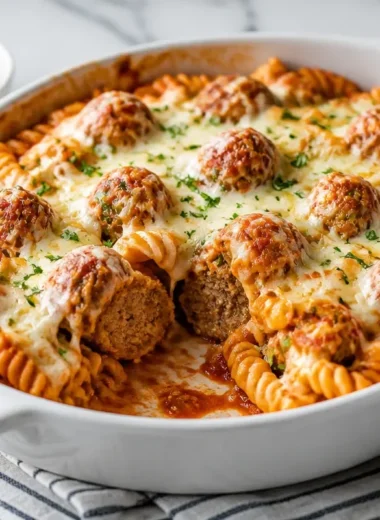 Delicious Dump and Bake Meatball Casserole with cheese and marinara.