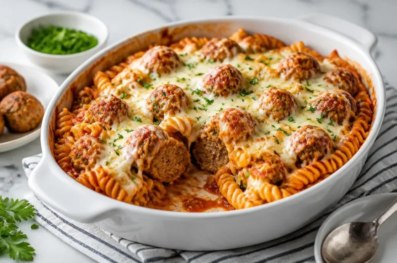 Delicious Dump and Bake Meatball Casserole with cheese and marinara.