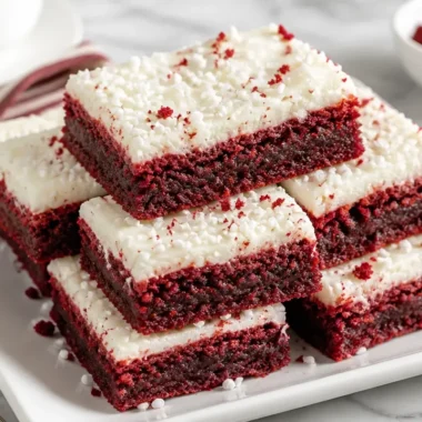 Fudgy red velvet brownies made from cake mix, topped with cream cheese icing.