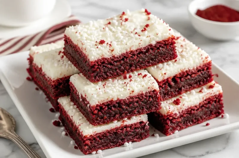 Fudgy red velvet brownies made from cake mix, topped with cream cheese icing.