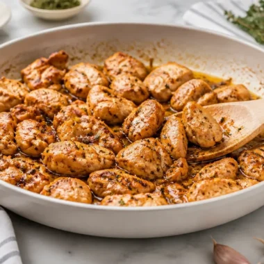 Delicious Garlic Butter Chicken Bites served in a skillet.