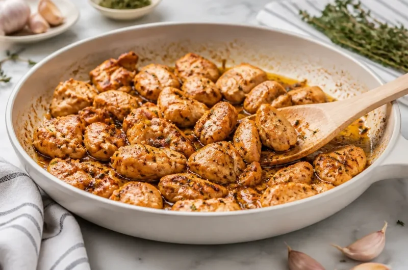 Delicious Garlic Butter Chicken Bites served in a skillet.
