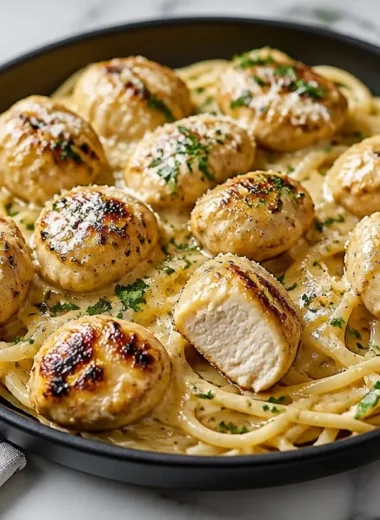 Garlic Butter Chicken Bites served with Creamy Parmesan Pasta