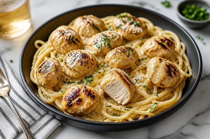 Garlic Butter Chicken Bites served with Creamy Parmesan Pasta