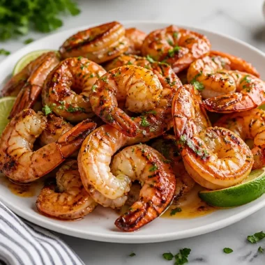 Delicious Garlic Honey Lime Shrimp served with fresh herbs and lime wedges