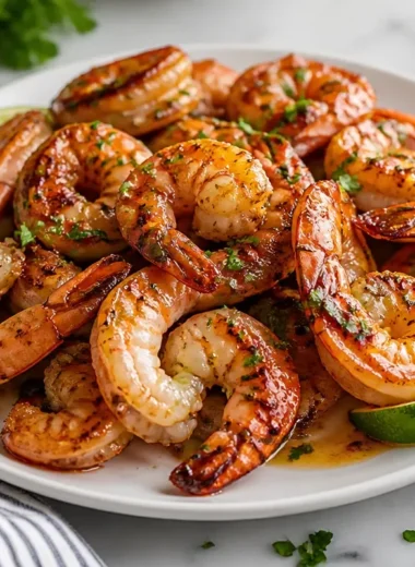 Delicious Garlic Honey Lime Shrimp served with fresh herbs and lime wedges