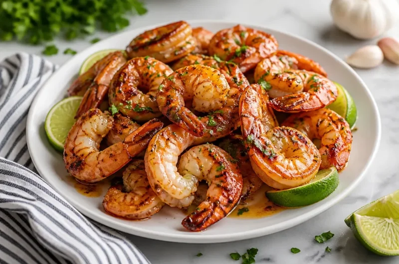 Delicious Garlic Honey Lime Shrimp served with fresh herbs and lime wedges