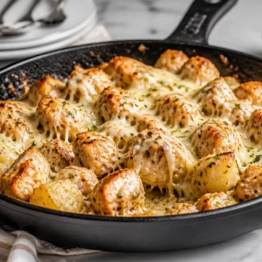 Garlic Parmesan Chicken and Potatoes Skillet dish served in a pan