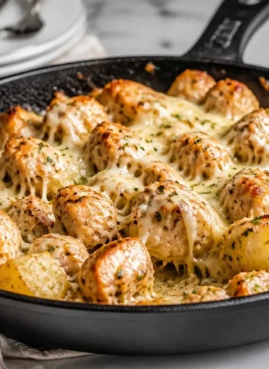 Garlic Parmesan Chicken and Potatoes Skillet dish served in a pan